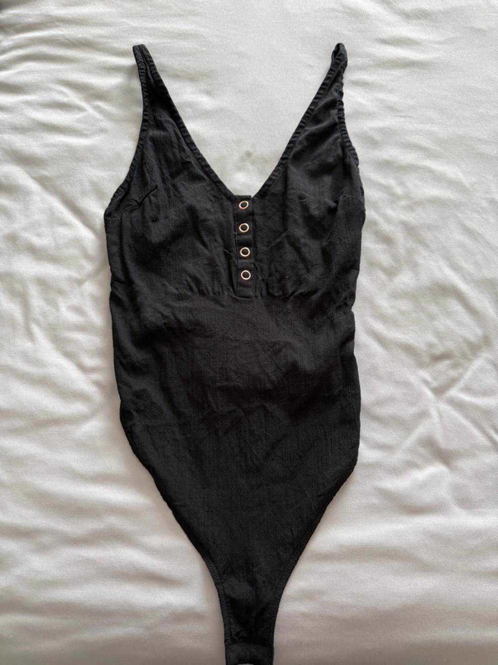 Free People Black Ribbed V-Neck Bodysuit with Eyelet Placket